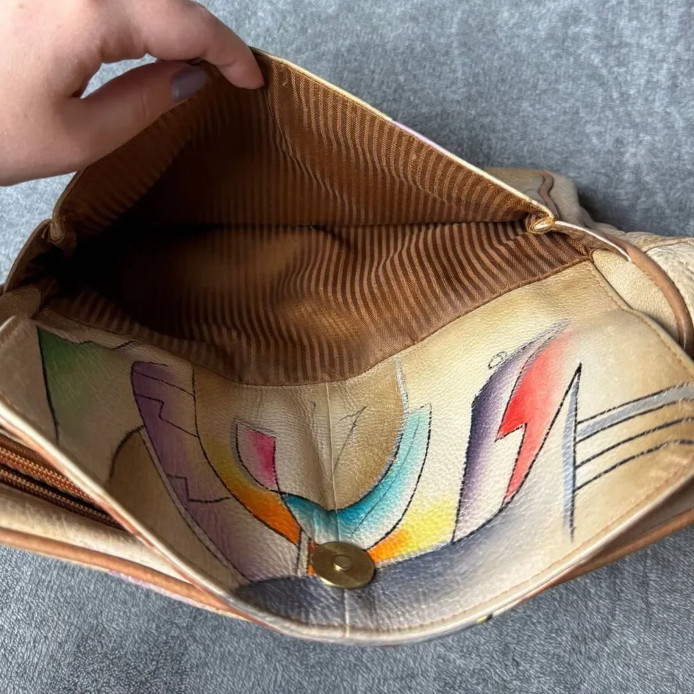 Magnifique Abstract Hand Painted Leather Crossbody Bag Beige Vintage Purse